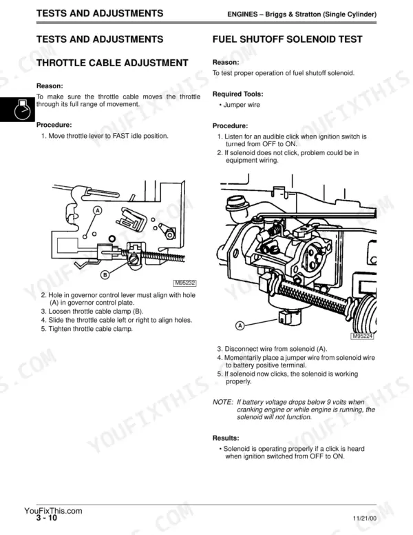 Scotts S1642, S1742, S2046, S2546 Limited Edition, TM1776 throttle cable adjustment and fuel shutoff solenoid test.