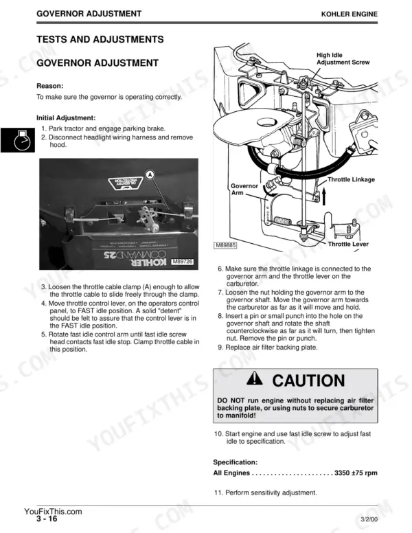 Scotts S2048, S2348, S2554, SCOTTS YARD AND GARDEN TRACTORS Kohler engine governor adjustment procedure and diagrams.
