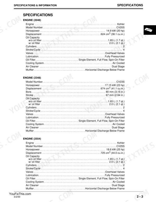 Scotts S2048, S2348, S2554, SCOTTS YARD AND GARDEN TRACTORS Technical Manual — Technical Specifications