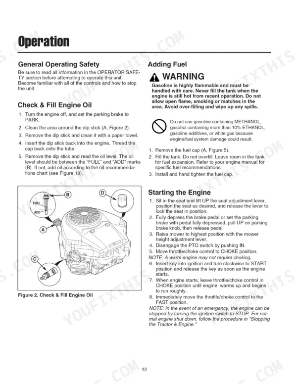 Snapper LT23420, 130.288370 operations manual: engine oil check, fuel safety warnings, and starting procedures.