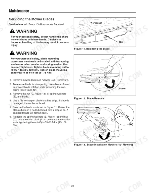 Snapper LT23420, 130.288370 maintenance procedures for mower blade removal, sharpening, balancing, and installation.