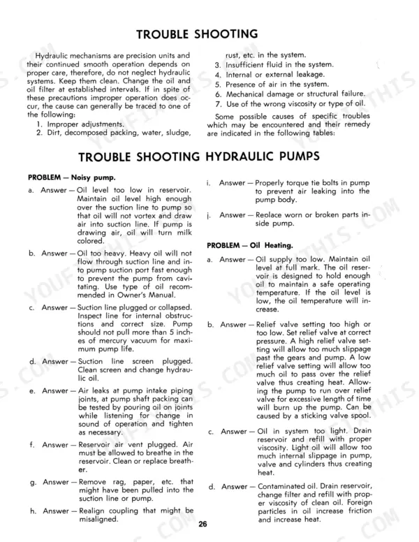 Sperry New Holland 1000-1049 troubleshooting guide for hydraulic pump noise and oil heating issues, page 26.