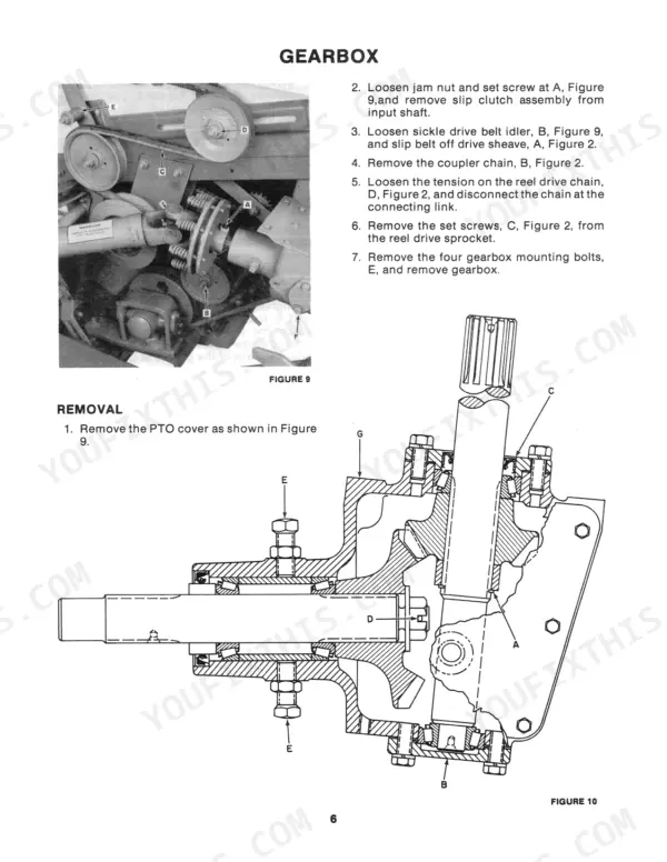 Sperry New Holland 495 gearbox removal procedure, Figure 9 photo and Figure 10 cross-section diagram.