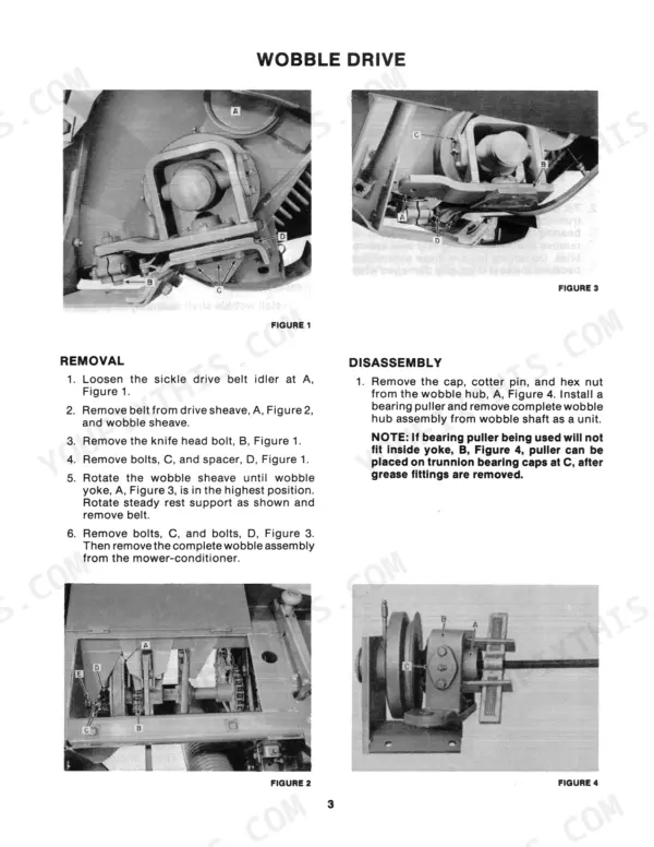 Sperry New Holland 495 wobble drive removal and disassembly procedures with reference photos of the drive assembly.