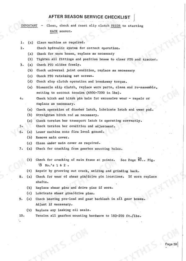 Sperry New Holland 96 after season service checklist including PTO, slip clutch, hitch, and gearbox maintenance procedures.