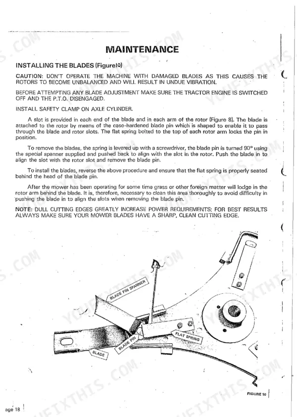 Sperry New Holland 96 maintenance manual page showing blade installation procedure and rotor blade pin diagram.