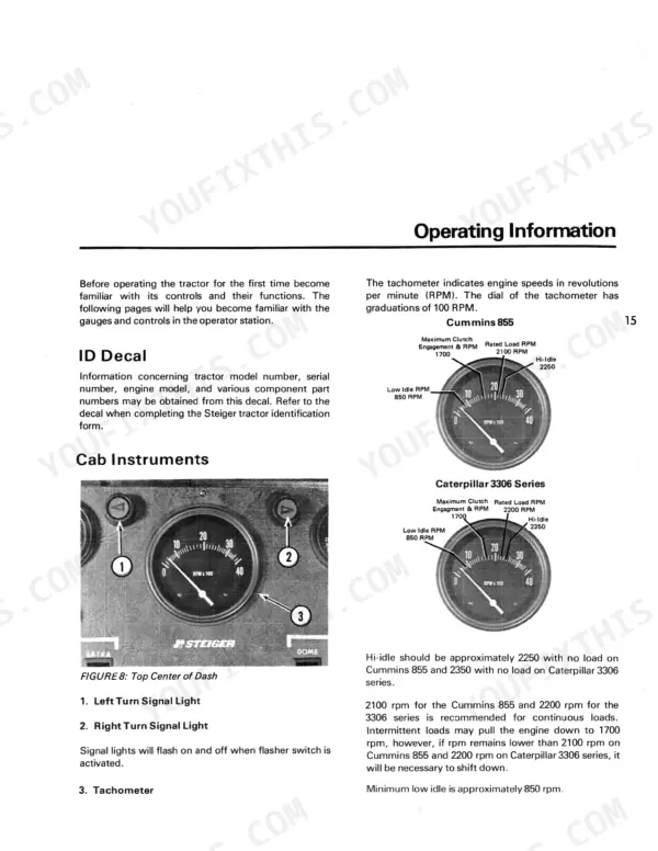 Steiger COUGAR ST250, ST251, ST270 operator manual page showing cab instrument tachometer and engine RPM specifications.
