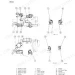 Takeuchi TB025, TB030, TB035 exploded view diagram of the engine mount system, including feet, cushions, and silencer.