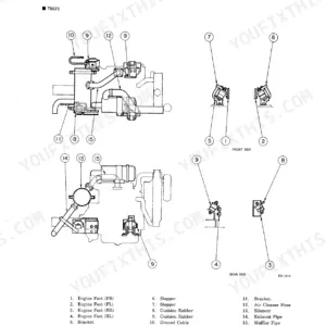 Takeuchi TB025, TB030, TB035 exploded view diagram of the engine mount system, including feet, cushions, and silencer.