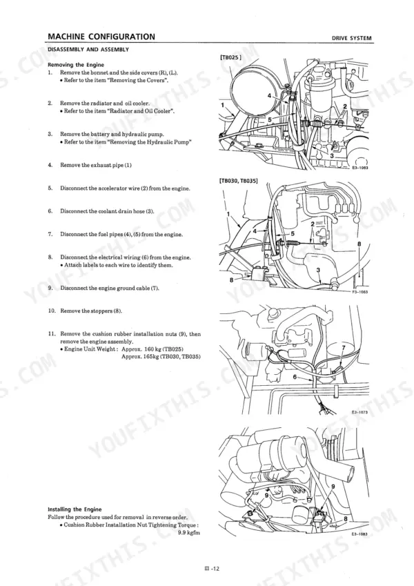 Takeuchi TB025, TB030, TB035 engine removal and installation procedure diagrams and steps.