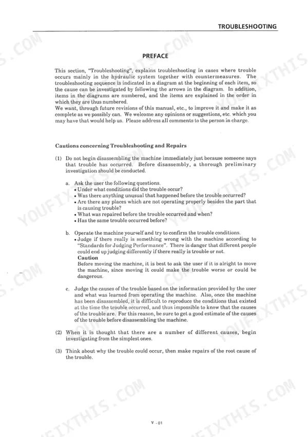 Takeuchi TB025, TB030, TB035 troubleshooting manual preface and cautions concerning repairs and machine investigation.