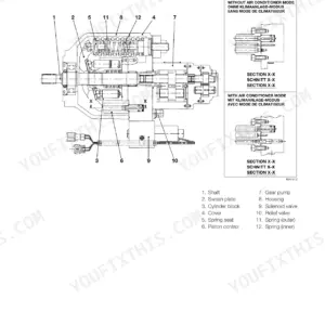 Takeuchi TB260 hydraulic pump construction diagram showing cross-section, components, and Section X-X views.