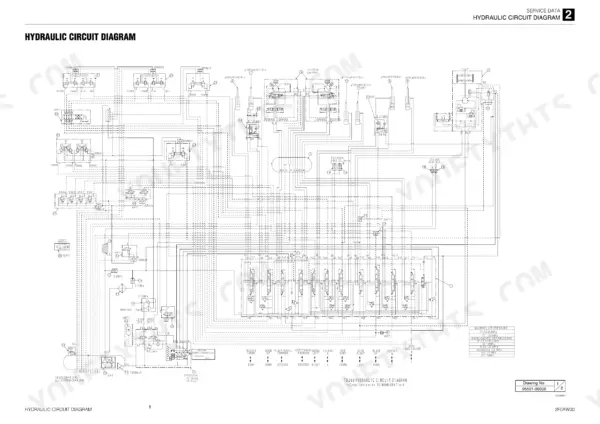 Takeuchi TB260 hydraulic circuit diagram showing main control valve, pump, and cylinder connections with pressure specs.
