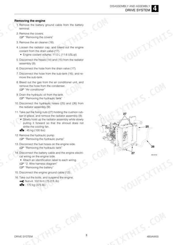 Takeuchi TB260 engine removal procedure, including radiator assembly diagram and component disassembly steps.