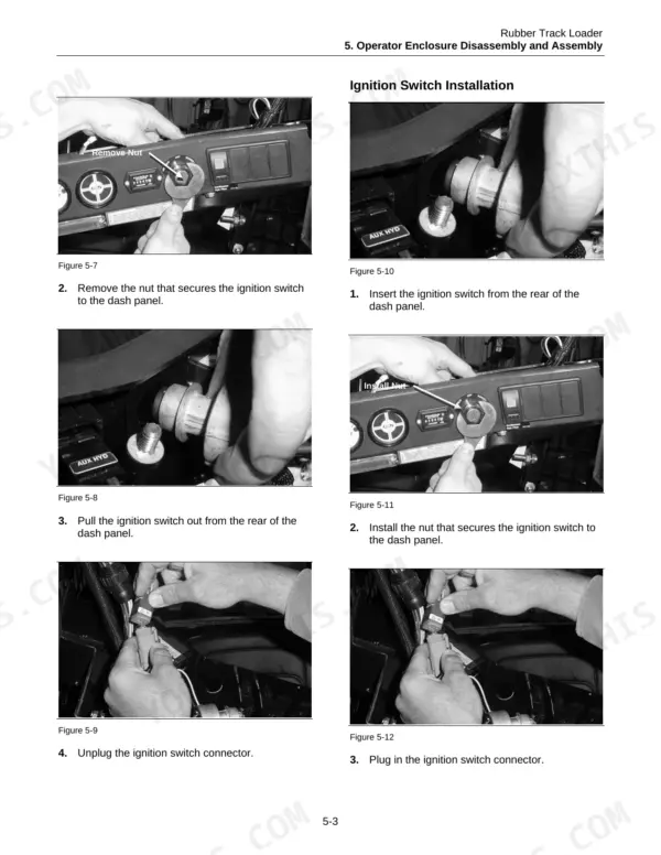 Terex PT-50/60 service manual procedures for ignition switch removal and installation on the operator dash panel.