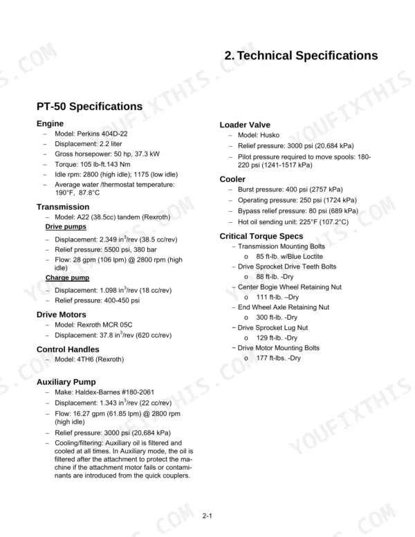 Terex PT-50/60 technical specifications for engine, transmission, drive motors, auxiliary pump, and critical torque specs.