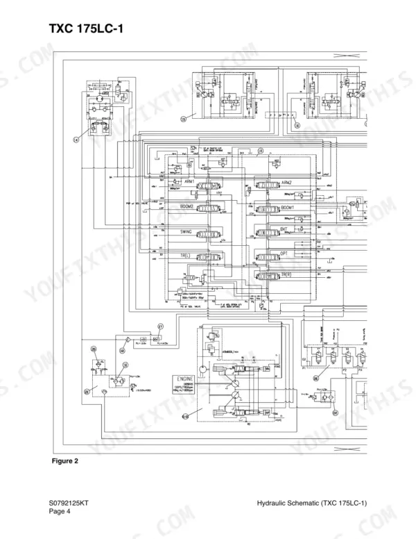 Terex TXC 175LC-1 hydraulic schematic diagram showing main control valve, pump system, and actuator circuits.