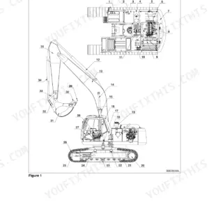 Terex TXC 225LC-1 component location diagram showing numbered parts on the excavator chassis, boom, arm, and bucket.