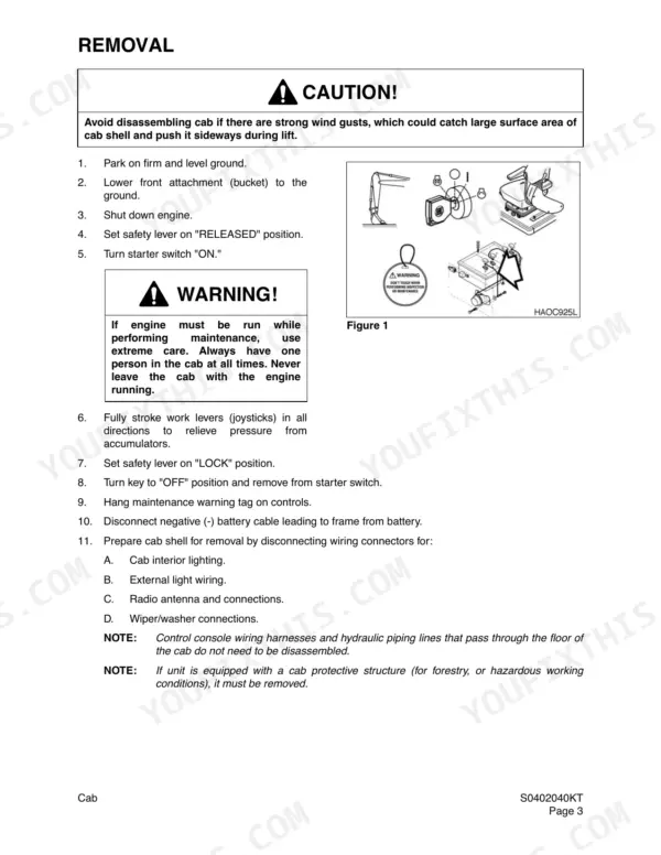 Terex TXC 225LC-1 cab removal procedure, safety warnings, and Figure 1 showing cab control and battery disconnection steps.