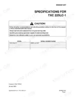 terex-txc-225lc-1-hydraulic-excavator-shop-manual-023-00081e-specs-45.webp Terex TXC 225LC-1 specifications page with safety caution and serial number range table for units 30001 and up.
