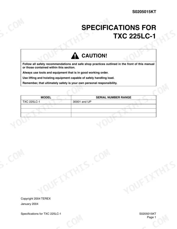 Terex TXC 225LC-1 specifications page with safety caution and serial number range table for units 30001 and up.