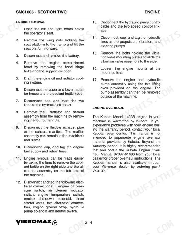 Vibromax 255, 265 service manual page detailing step-by-step engine removal procedures and Kubota 1403B engine overhaul info.
