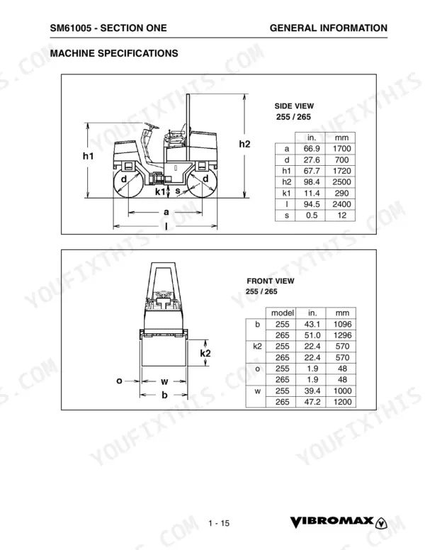 Vibromax 255, 265 machine specifications showing side and front view dimension diagrams and measurement tables.