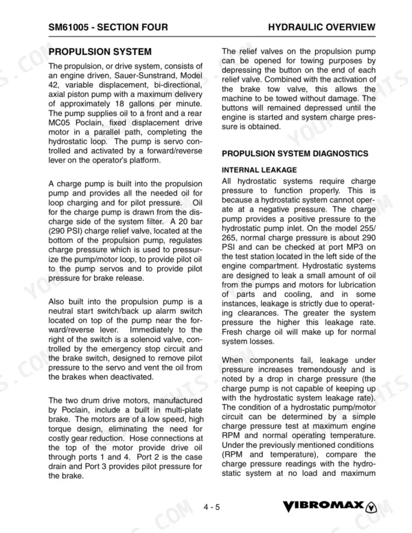 Vibromax 255, 265 service manual page detailing hydraulic propulsion system overview, components, and leakage diagnostics.