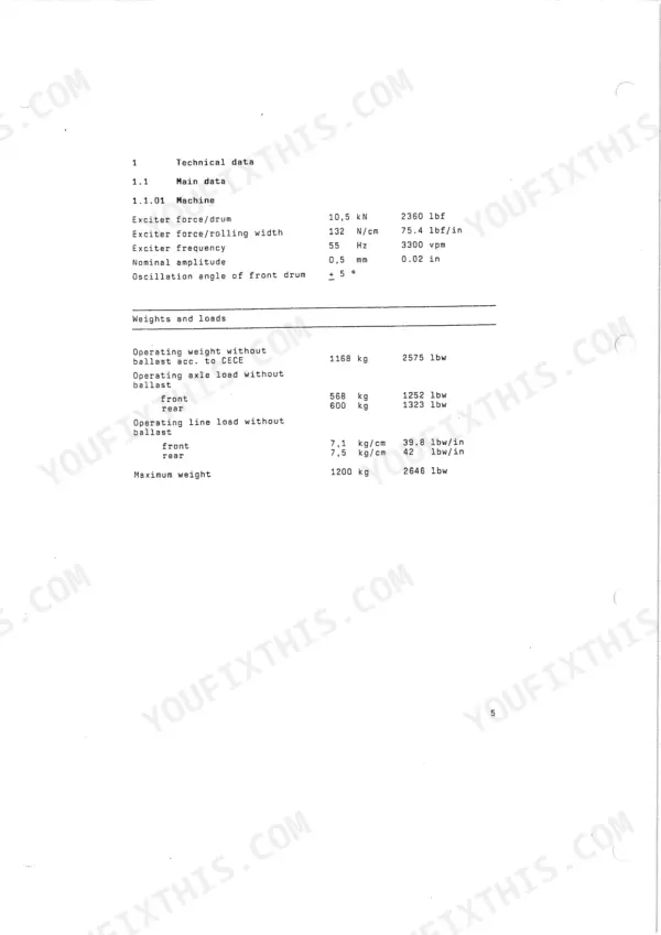 Vibromax W 102, Vibrating Tandem Roller technical data table showing machine exciter force, weights, and axle loads.
