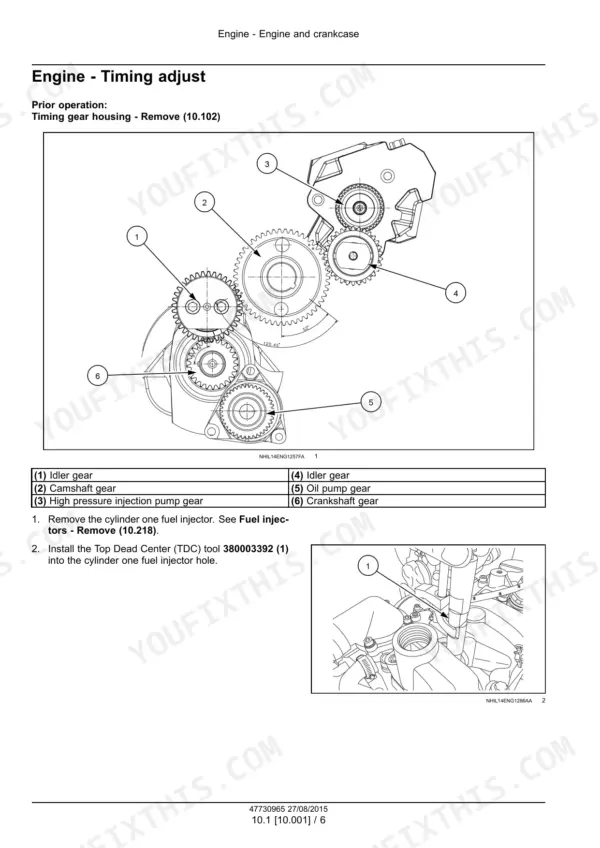 Vm Motori R 753 IE4, VM Motori R 753 IE4 engine timing adjustment procedure, gear train diagram, and TDC tool installation.