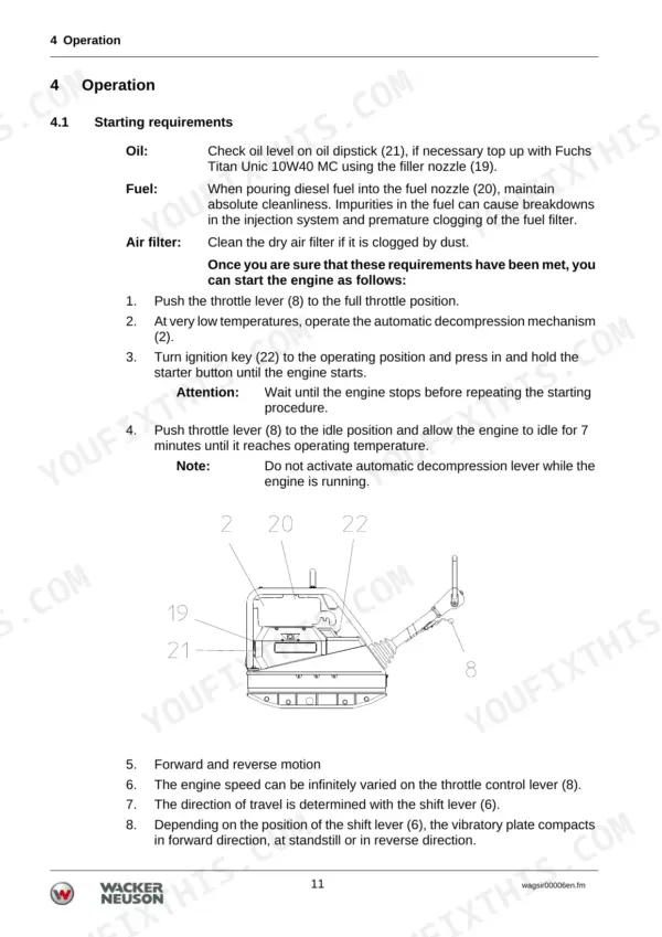 Wacker Neuson DPU 5545, DPU 5045H: Engine starting requirements, procedure steps, and component diagram with numbered controls.