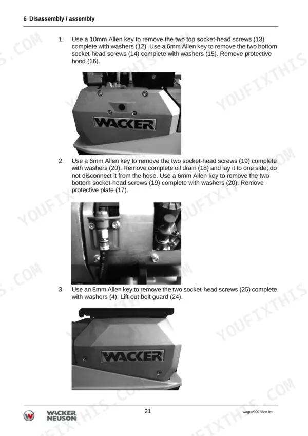 Wacker Neuson DPU 5545, DPU 5045H: Disassembly procedures for protective hood, oil drain, and belt guard removal.