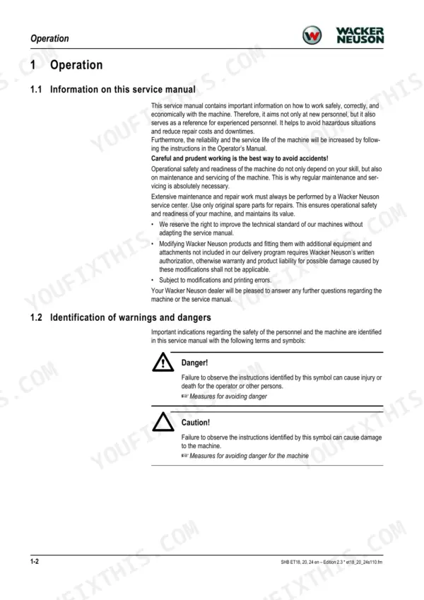 Wacker Neuson ET18, ET20, ET24, E12-02, E12-03, E12-04 service manual operation and safety warning symbols page.