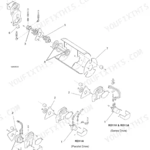 Wacker RD11A, RD11V, RD11AEC exploded view diagram of the front drum assembly and drive motor configurations.