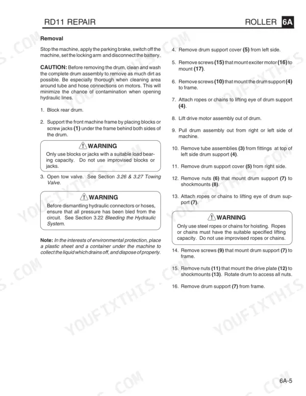 Wacker RD11A, RD11V, RD11AEC repair manual page detailing step-by-step drum assembly removal procedures.