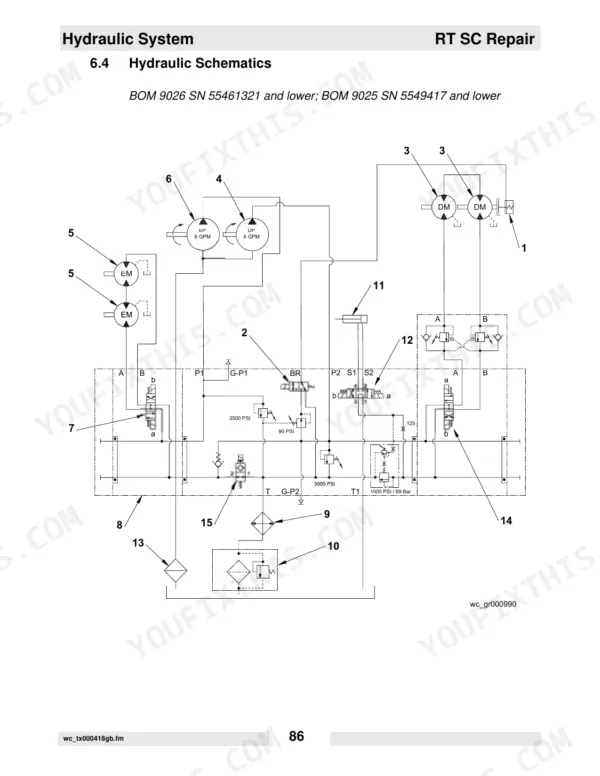 Wacker RT 56-SC, 82-SC hydraulic schematic diagram showing pumps, motors, and valves for BOM 9025 and 9026 models.