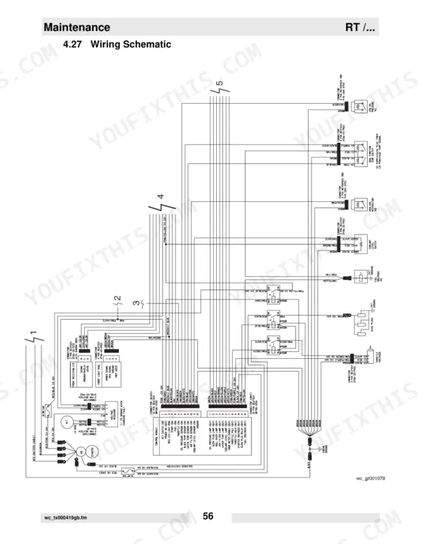 Wacker RT 56-SC, 82-SC wiring schematic showing control module, starter, alternator, and sensor connections.