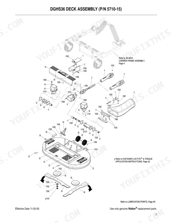 Walker 36, 42, 48, 52, 54, 62 exploded view of DGHS36 mower deck assembly, including gearboxes, blades, and drive components.