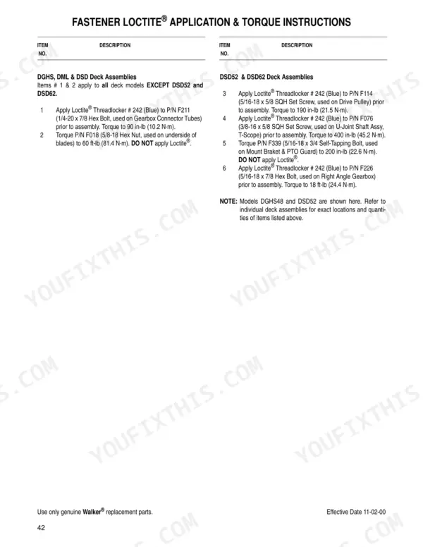 Walker 36, 42, 48, 52, 54, 62 Loctite application and torque specification instructions for deck assembly fasteners.