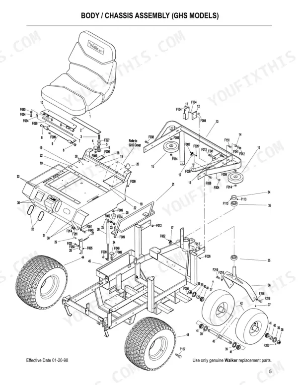 Walker MDD, MDG exploded view diagram of the body and chassis assembly for GHS models, showing seat, frame, and wheels.