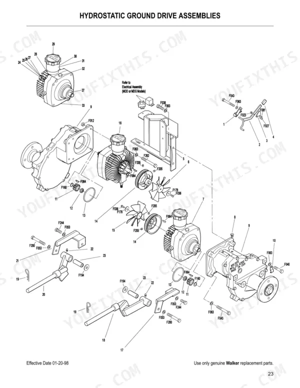 Walker MDD, MDG hydrostatic ground drive assemblies exploded view showing pumps, cooling fans, and linkage components.