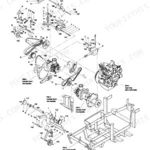 Walker MDD, MDG exploded view of main component power transmission system for SD models showing belts, pulleys, and drives.