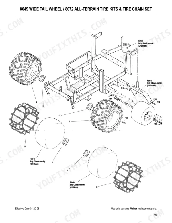 Walker MDD, MDG exploded view of 8049 wide tail wheel and 8072 all-terrain tire kits with tire chain set components.
