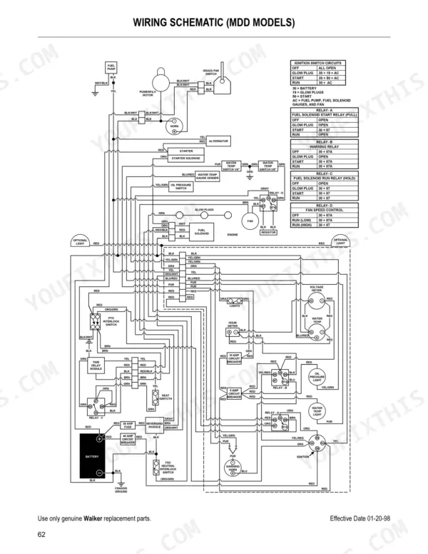 Walker MDD, MDG wiring schematic showing ignition switch circuits, relays, and electrical components for mower models.