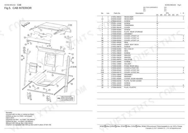 Yanmar 0CK50-M01410EN exploded view diagram and parts list for cab interior components, headliner, and trim covers.