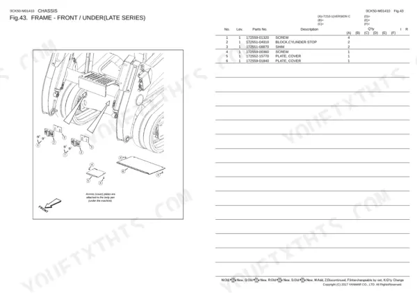 Yanmar 0CK50-M01410EN exploded view of front chassis frame, cylinder stop blocks, and belly pan cover plates.
