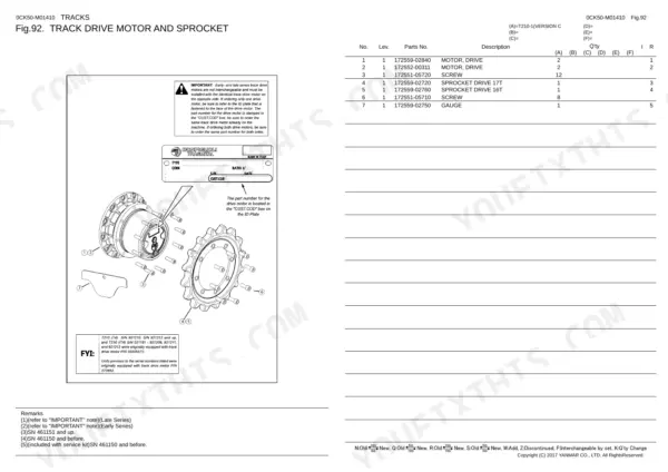 Yanmar 0CK50-M01410EN exploded view of track drive motor and sprocket with parts list and ID plate identification.