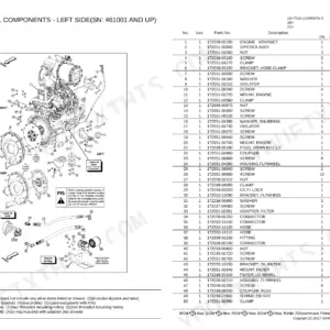 Yanmar 0CK50-M01410EN exploded view of engine external components, left side, with parts list for 4TNV98CT engine.