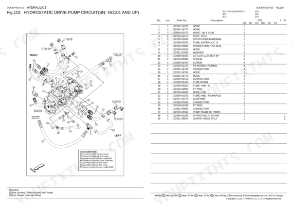 Yanmar 0CK50-M01410EN hydrostatic drive pump circuit exploded view diagram and parts list for hydraulic system components.