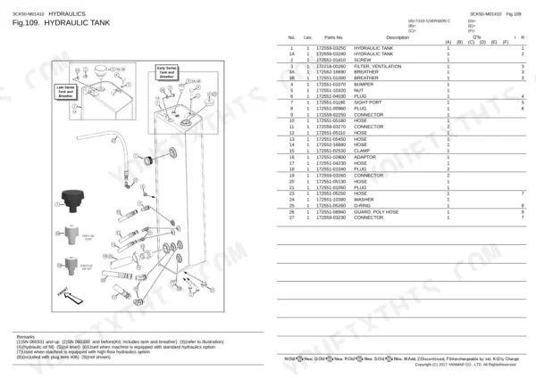 Yanmar 0CK50-M01410EN hydraulic tank exploded view diagram and parts list with breather, hoses, and connectors.